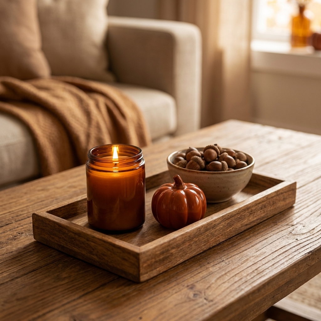 A wooden coffee table styled with a rectangular tray holding an amber jar candle, a small ceramic pumpkin, and a bowl of acorns