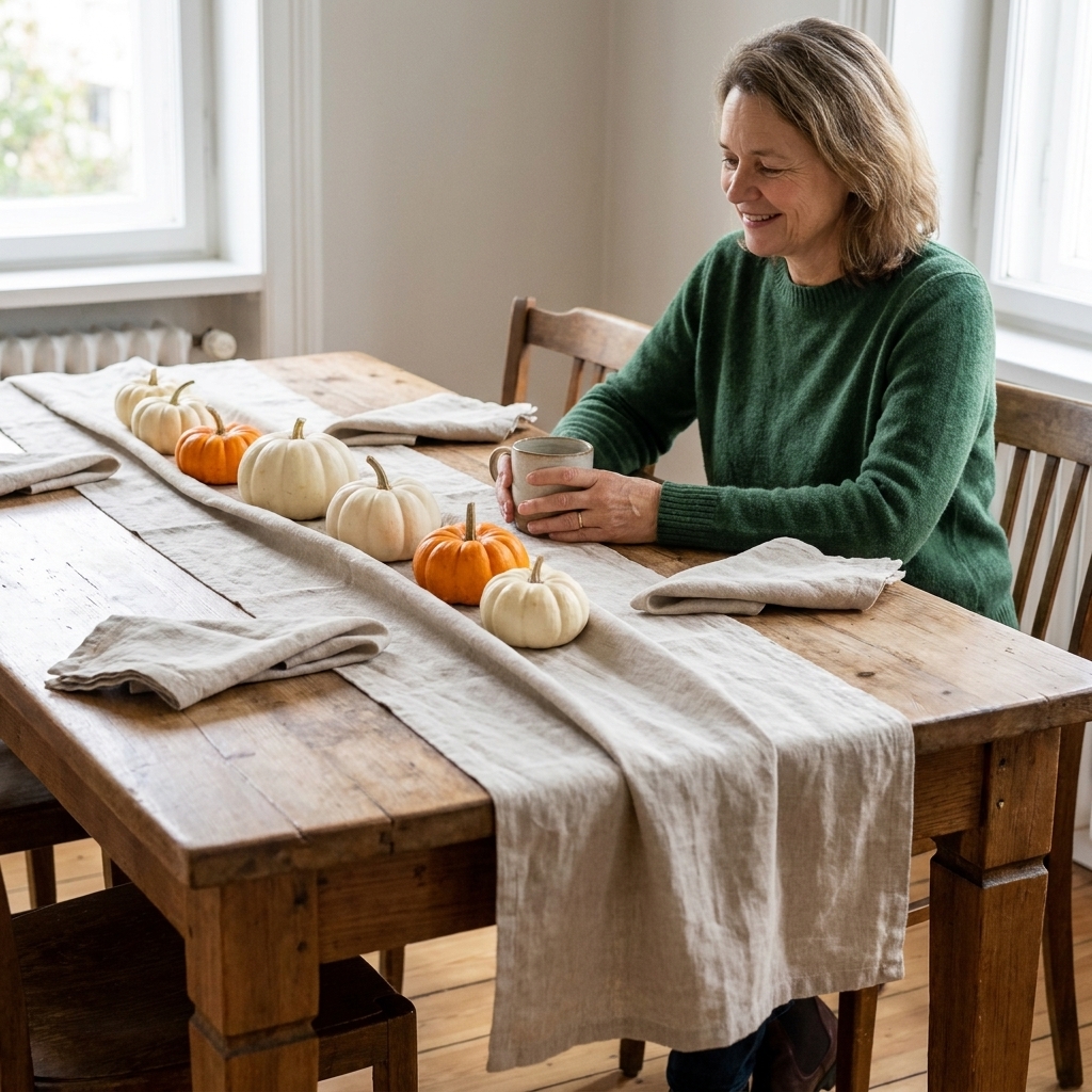 A wooden dining table with an oatmeal linen runner draped lengthwise, styled with neutral napkins and small pumpkins