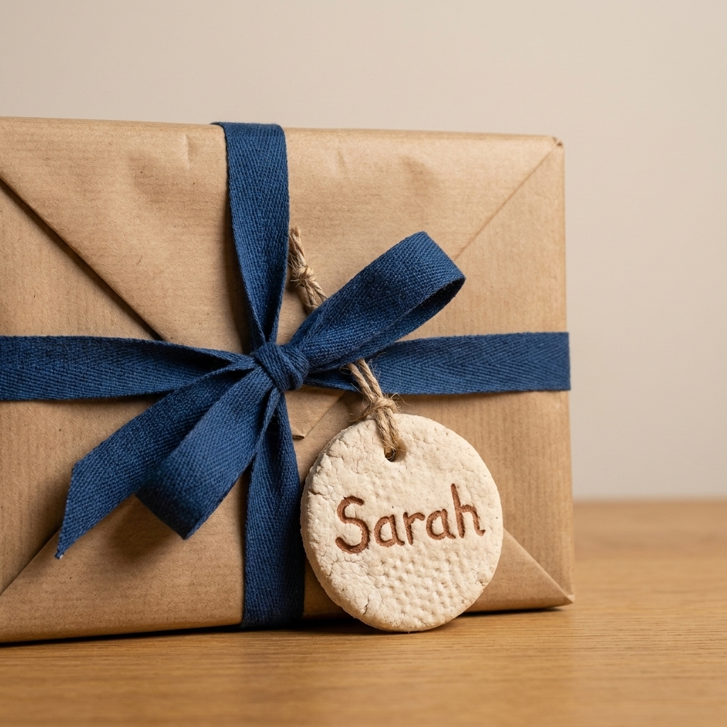 A wrapped Christmas present with kraft paper and ribbon, featuring a small personalized salt dough ornament tied on as a gift tag