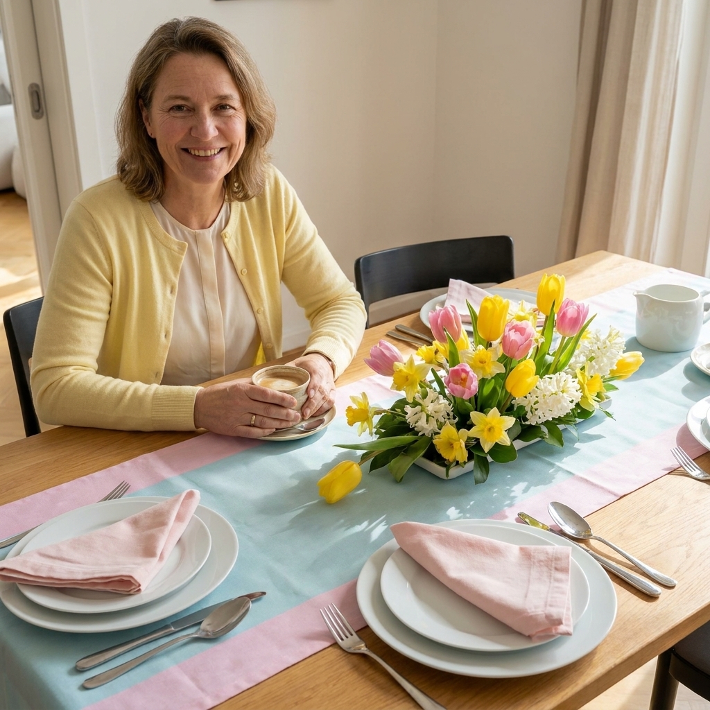 An Easter brunch table set with a pastel table runner, white plates, folded napkins, and a low centerpiece of spring flowers