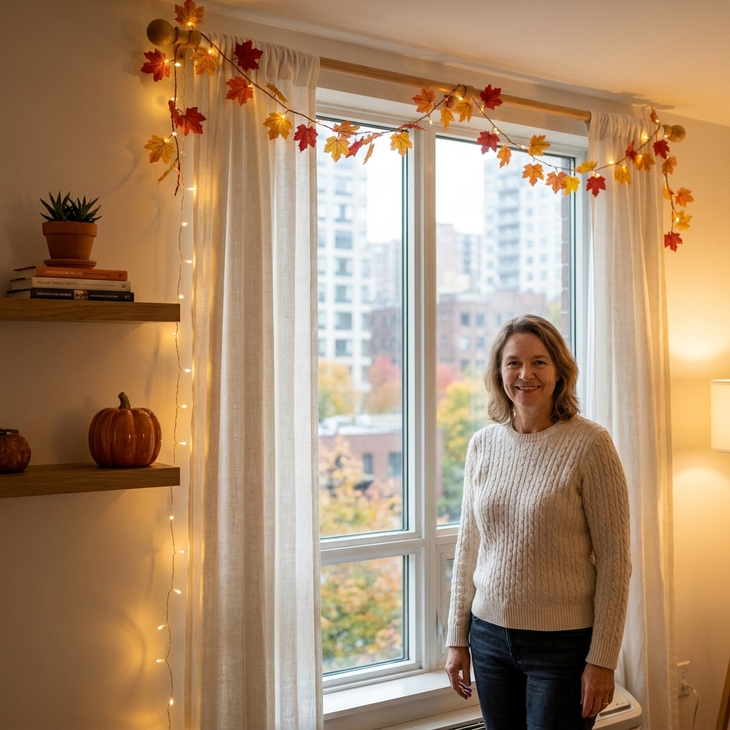 An apartment living room window with a simple autumn garland draped along the curtain rod, warm string lights, and minimal decor on a nearby shelf