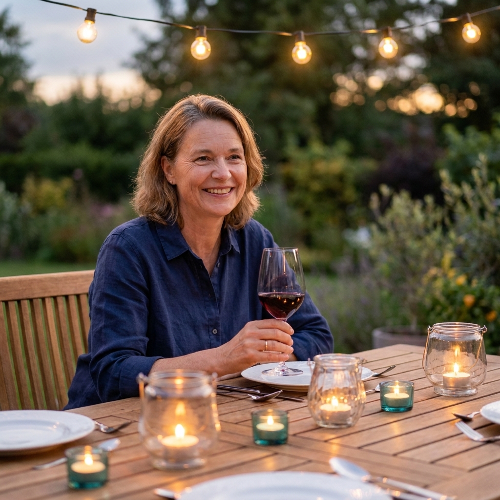 An outdoor dining table set for a summer evening with small lanterns and candles glowing under warm string lights
