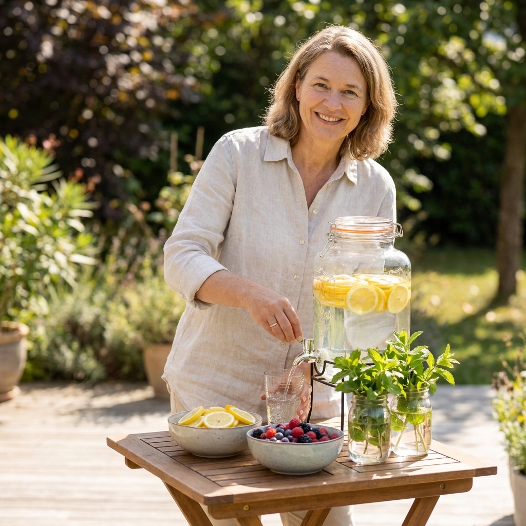 An outdoor drink station on a small table with a glass beverage dispenser, bowls of lemon slices and berries, and jars holding fresh mint sprigs