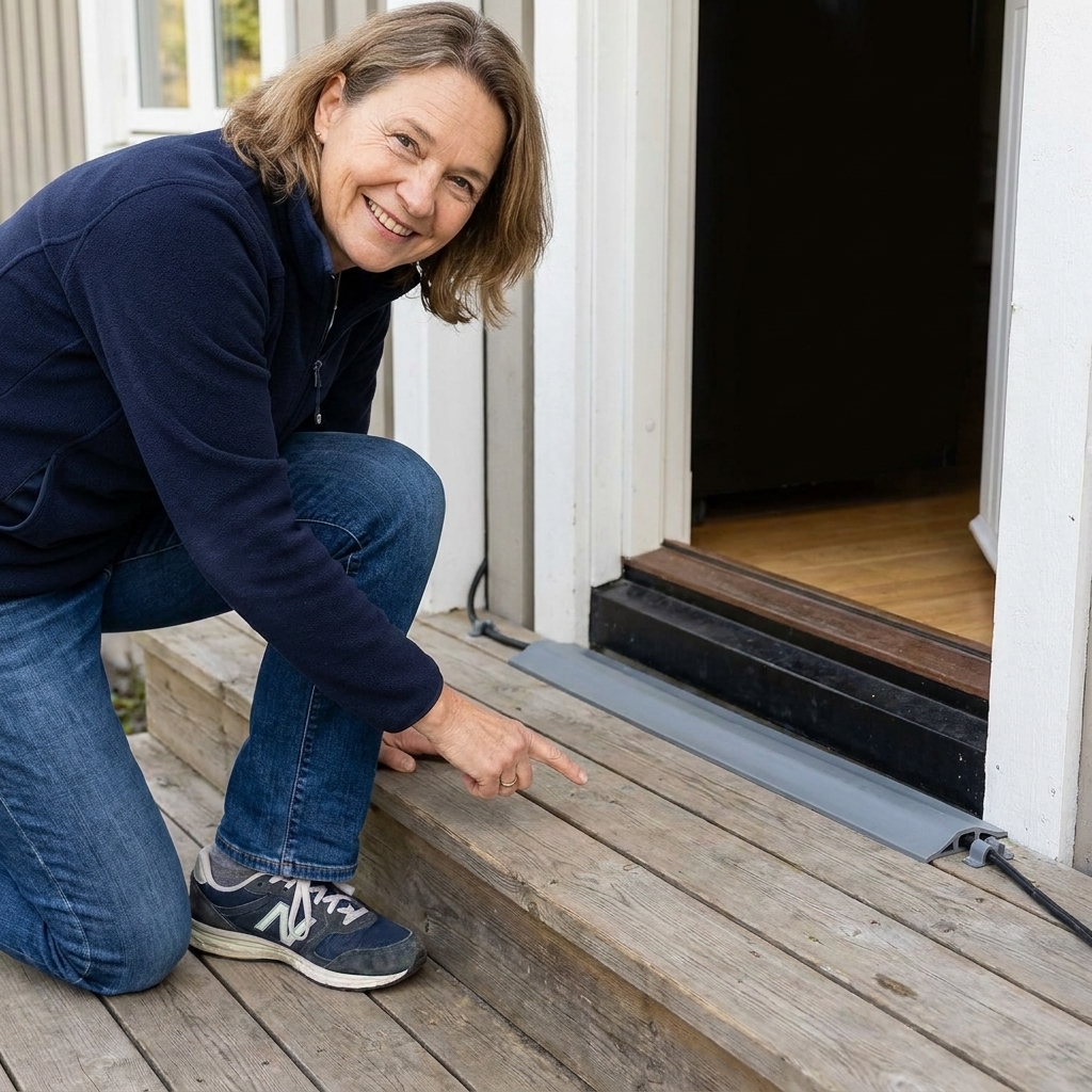 An outdoor extension cord routed neatly along the edge of a porch and protected with a low-profile cord cover near a doorway