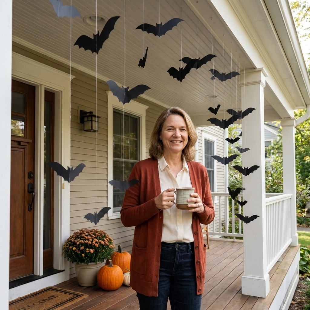 Black paper bats hanging from clear string at different heights along a front porch entryway