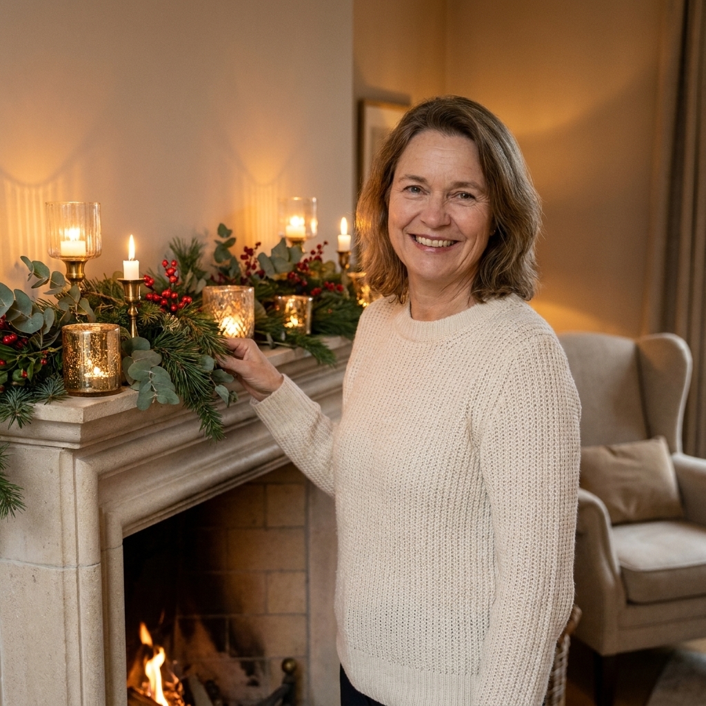 Clara Jenkins smiling in a warm living room beside a styled fireplace mantel with seasonal greenery and soft candlelight