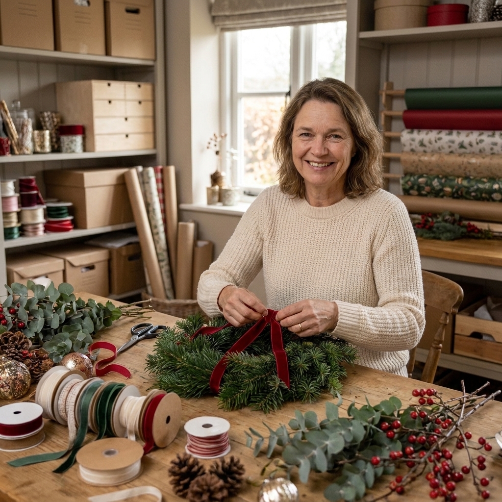 Clara Jenkins tying ribbon at a worktable with seasonal decor supplies, greenery, and a slightly messy craft room