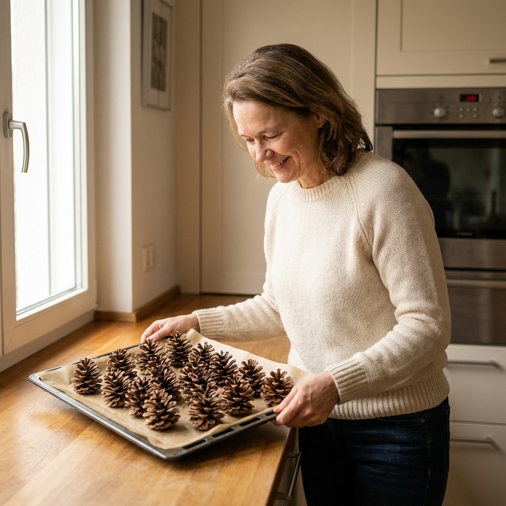 Clean pinecones spread on a parchment-lined baking sheet, ready to be dried safely