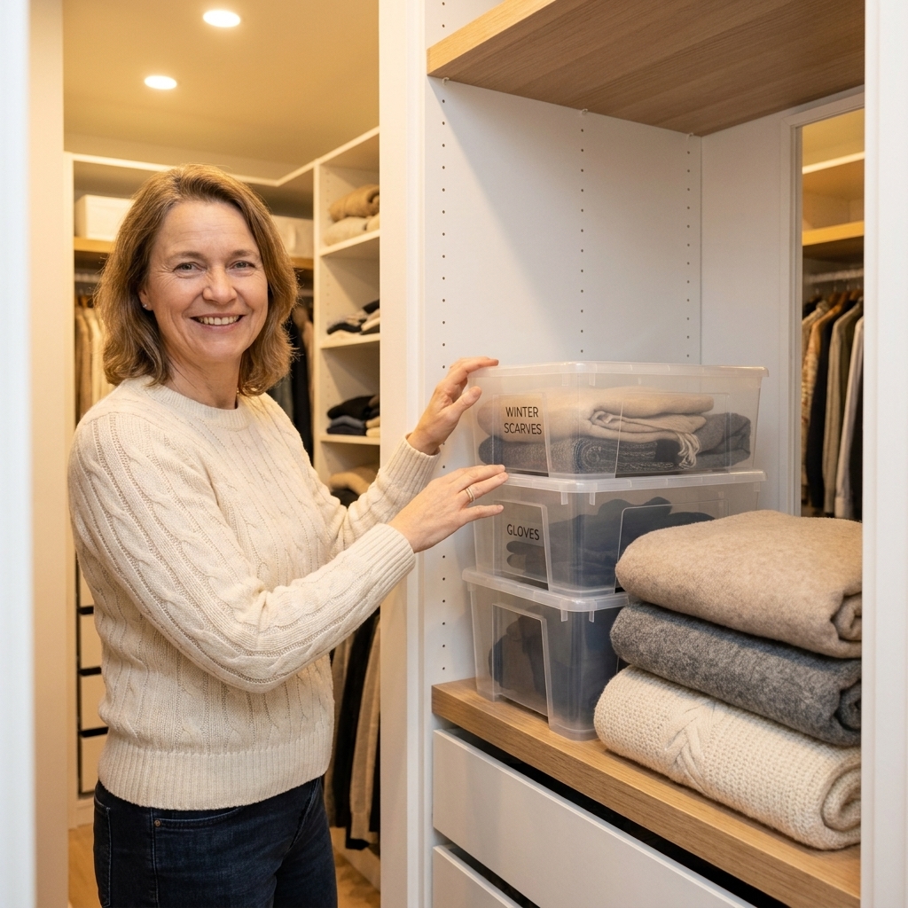 Clear plastic storage bins with simple printed labels stacked neatly in a closet next to folded neutral throw blankets
