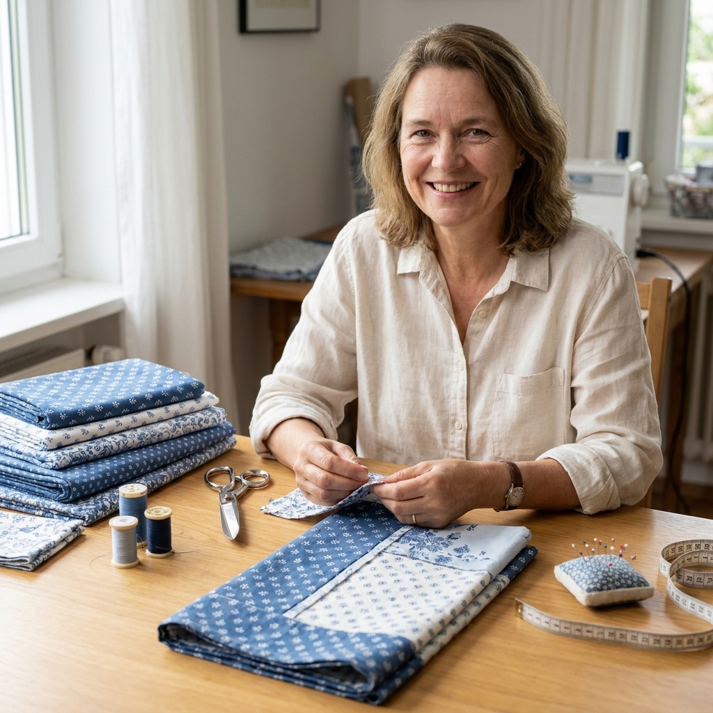 Cotton fabrics, thread, scissors, pins, and a measuring tape arranged on a sewing table beside a folded runner-to-be