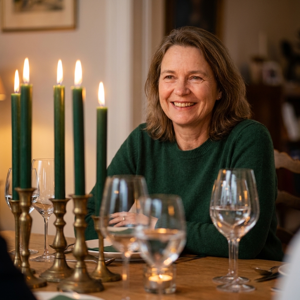 Deep green taper candles in brass candle holders on a dining table, with soft golden light reflecting off glassware