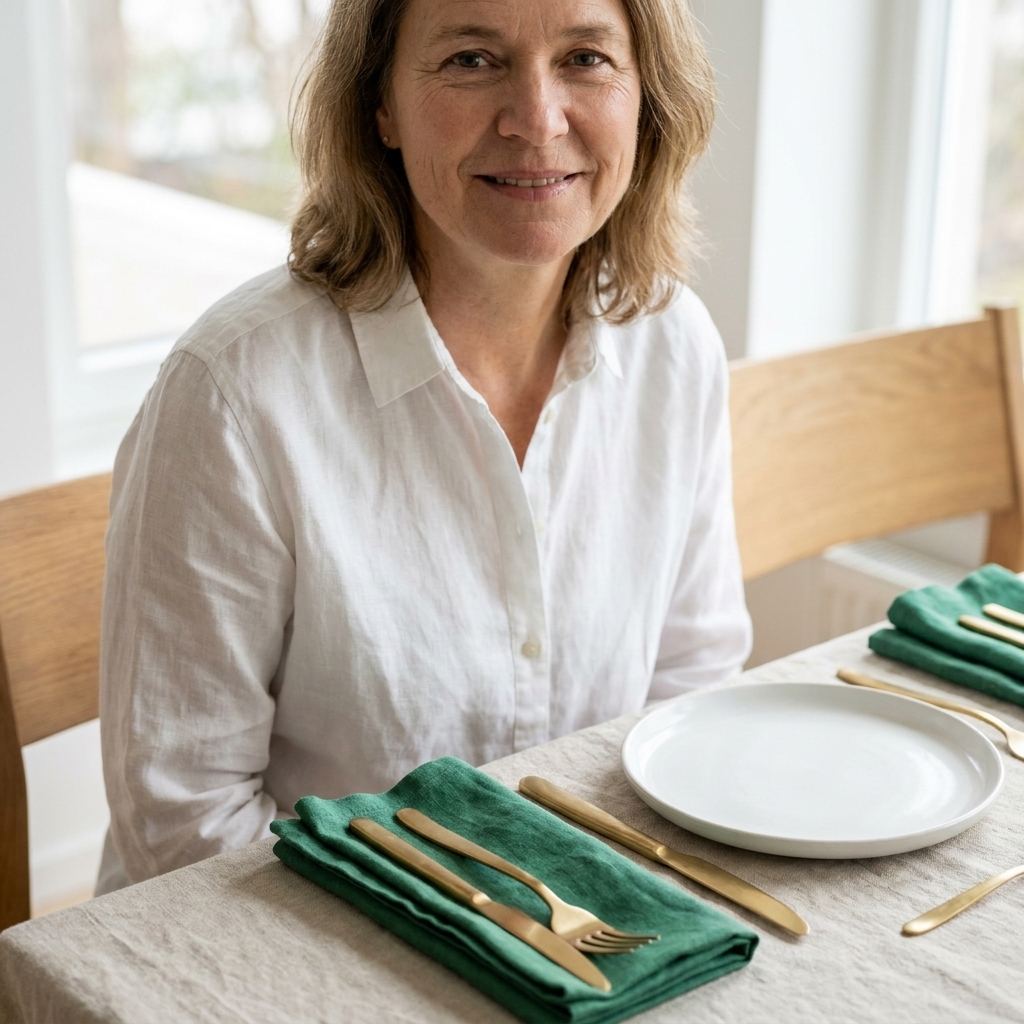 Emerald green linen napkins folded beside brushed gold flatware and a simple white plate on a neutral tablecloth