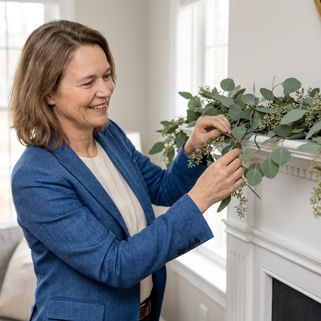 Eucalyptus garland draped across a white mantel with the stems subtly wired and tucked for a natural, airy shape