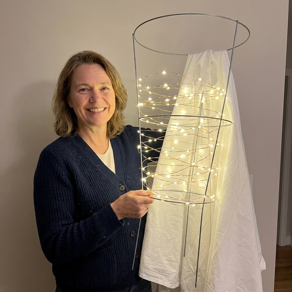 Fairy lights wrapped in a spiral around the inside of an upside down tomato cage frame for a Halloween ghost
