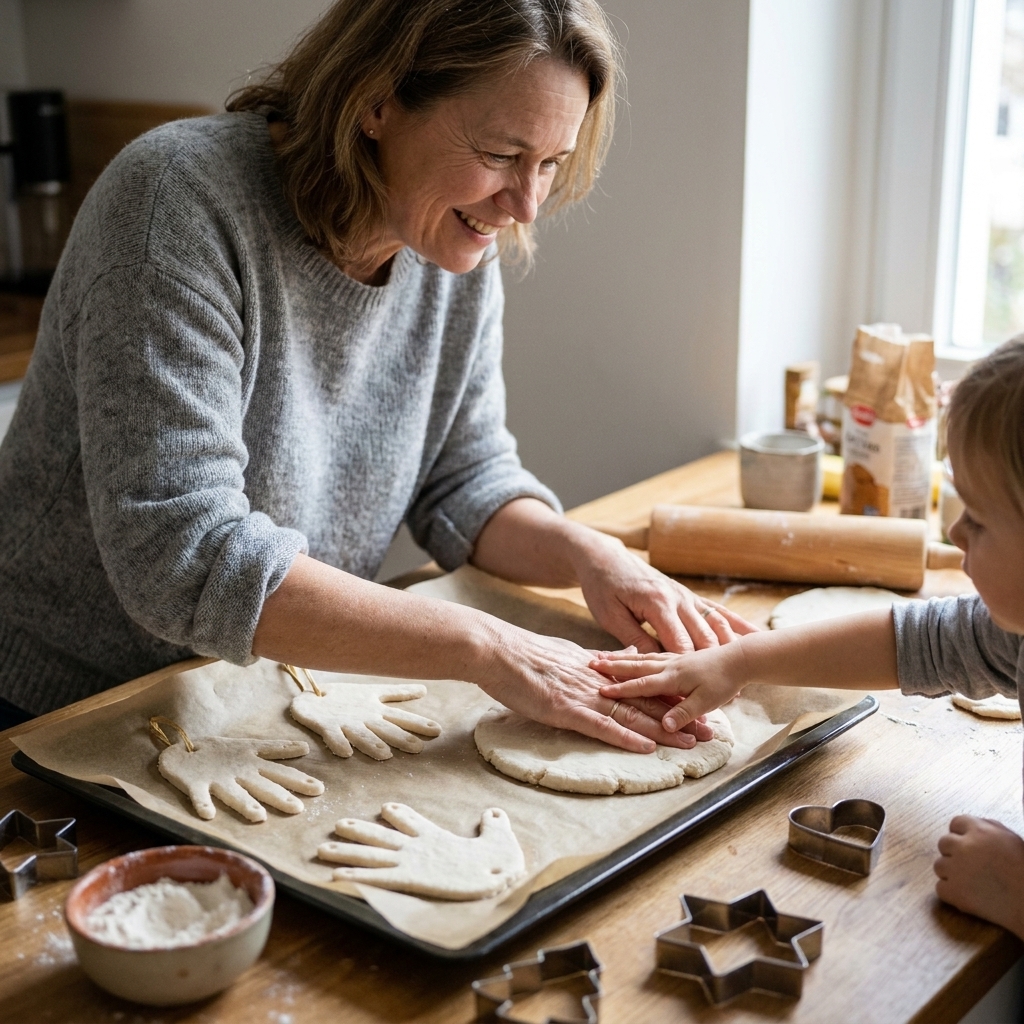 Fresh salt dough handprint ornaments on parchment paper with straw-punched hanging holes, surrounded by cookie cutters and a small bowl of flour