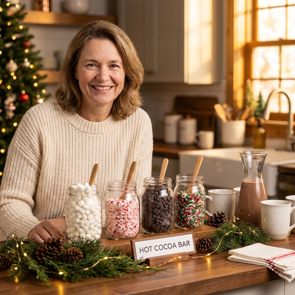 Glass jars filled with hot cocoa toppings like mini marshmallows, crushed peppermint, chocolate chips, and sprinkles arranged neatly on a kitchen counter