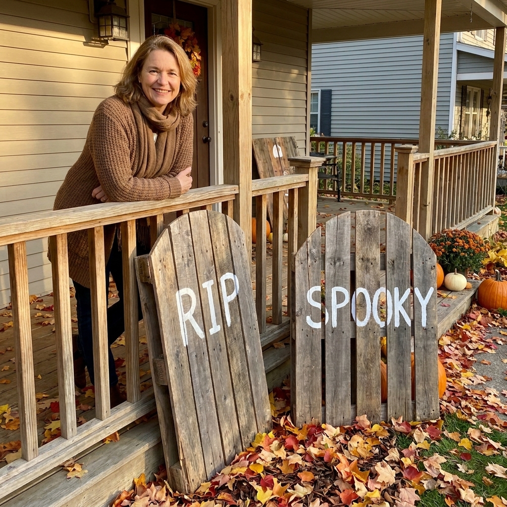 Hand-painted wooden tombstones made from pallet boards leaning near a porch railing with fall leaves scattered nearby