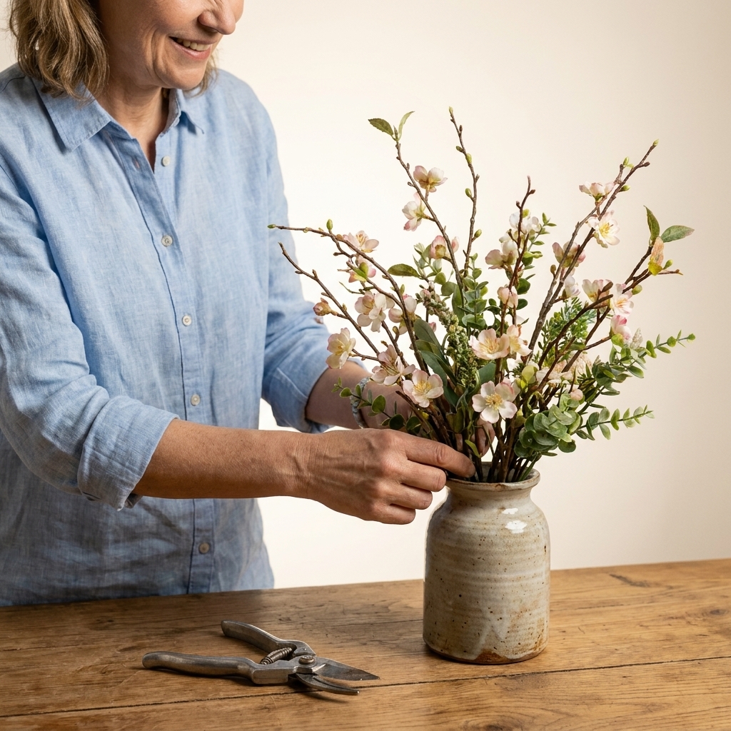 Hands arranging faux spring flowers and greenery in a ceramic vase on a wooden table with clippers nearby