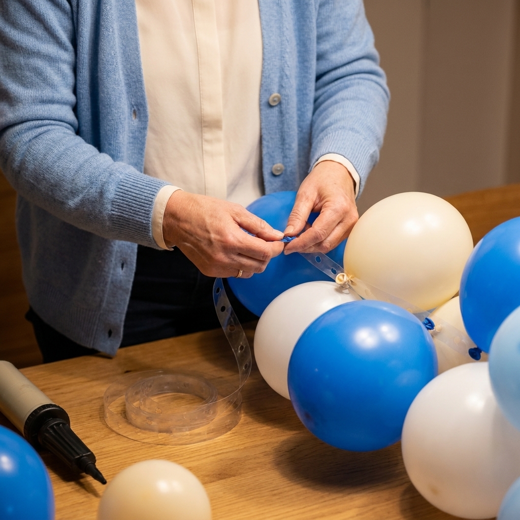 Hands attaching inflated balloons to a clear balloon decorating strip on a table before hanging the garland
