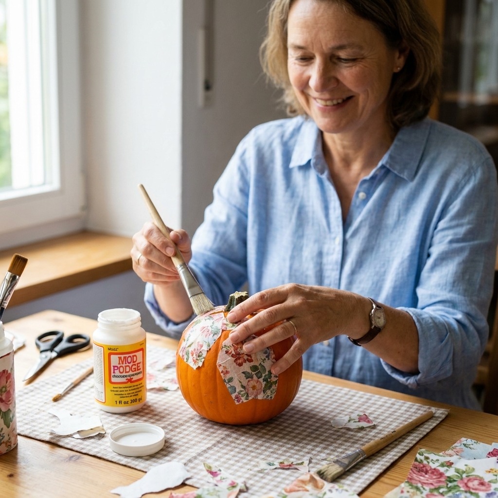Hands decoupaging floral paper onto a small pumpkin on a covered craft table