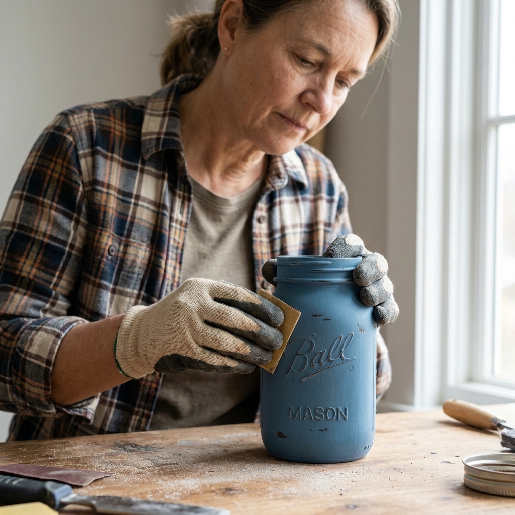 Hands lightly sanding the embossed lettering on a painted mason jar to create a distressed rustic finish