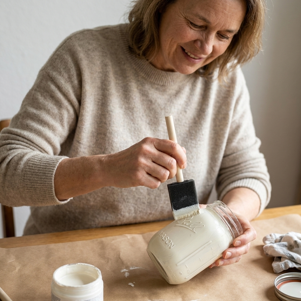 Hands painting a mason jar with creamy white chalk paint using a foam brush on a protected work surface