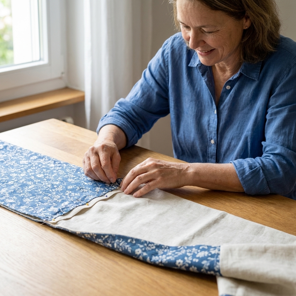 Hands pinning two coordinating fabrics right sides together along the edge of a table runner piece
