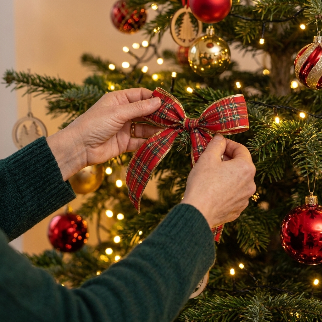 Hands tying a wired ribbon bow onto a Christmas tree branch, with warm white lights and coordinating ornaments behind