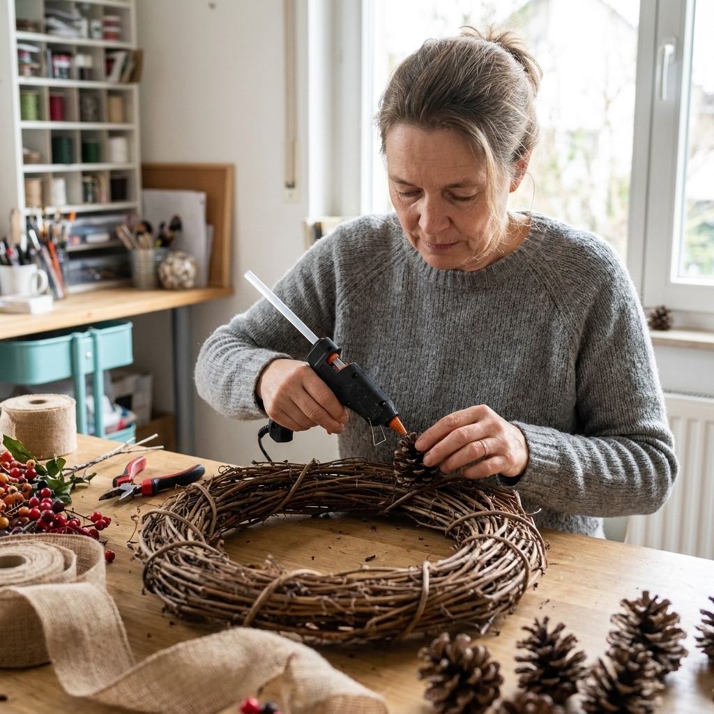 Hands using a hot glue gun to attach pinecones to a grapevine wreath on a craft table