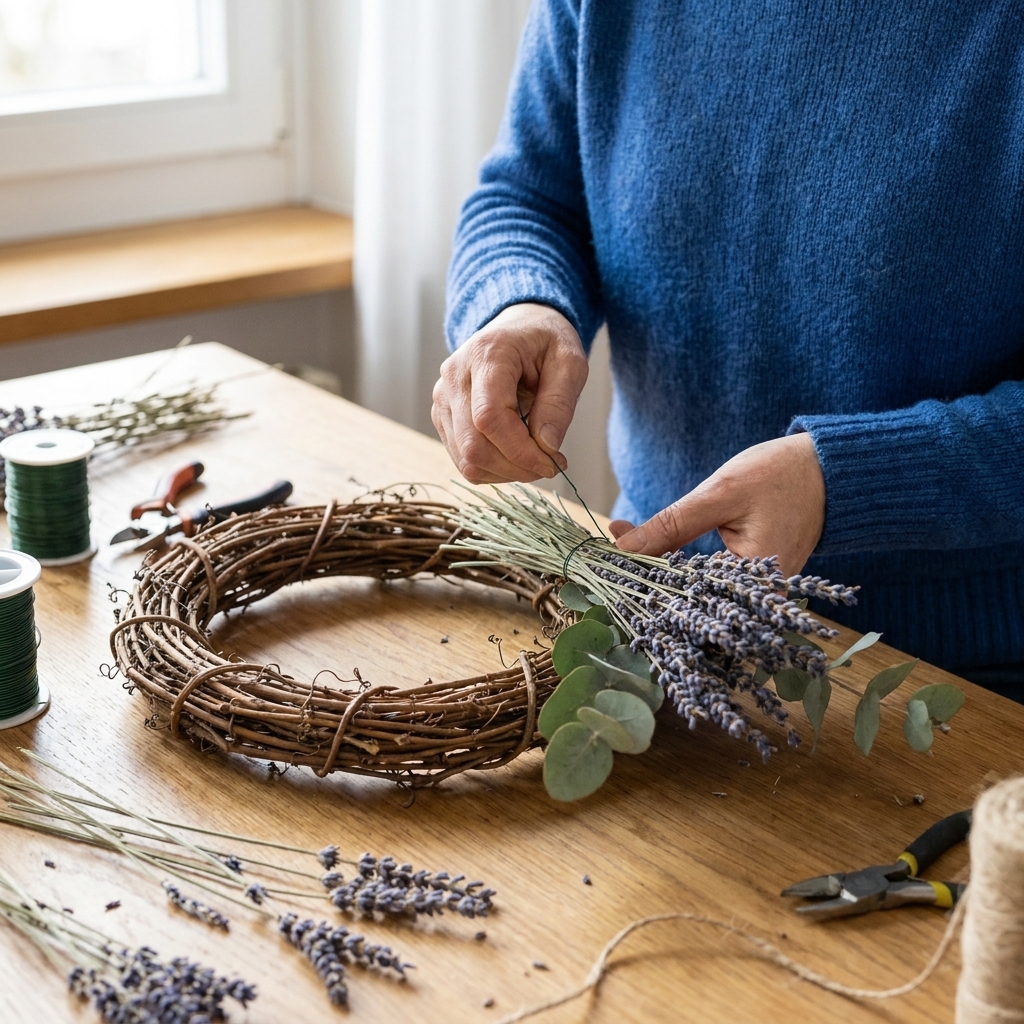 Hands using floral wire to secure stems onto a grapevine wreath base on a craft table
