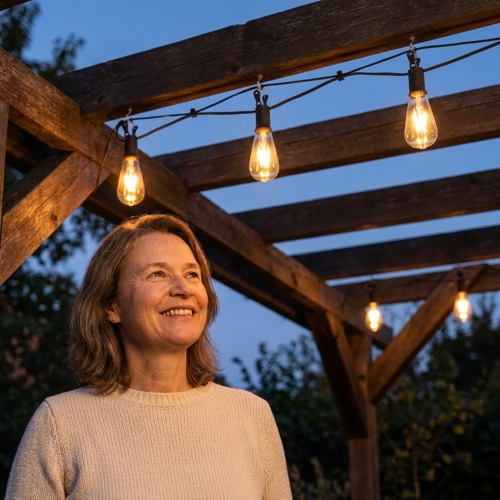 Outdoor bistro lights clipped to screw hooks under a wooden pergola beam, with warm bulbs glowing at twilight