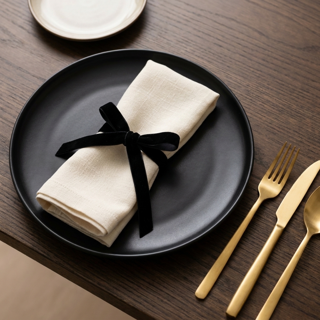 Place settings with cream napkins tied in black velvet ribbon next to matte black plates and gold flatware
