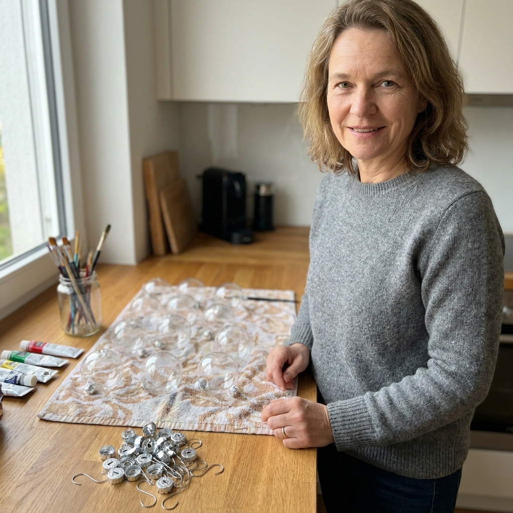 Plastic Christmas baubles drying on a towel next to removed metal caps and ornament hooks on a kitchen counter, ready for painting