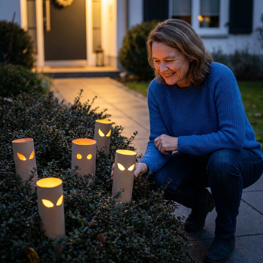 Several cardboard tubes with glowing cut-out eyes hidden among dark green shrubs along a front walkway at dusk