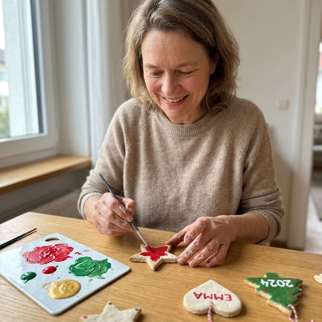 Several dried salt dough ornaments on a tabletop being hand-painted with acrylic paints, including a small brush, a paint palette, and ornaments in progress with names