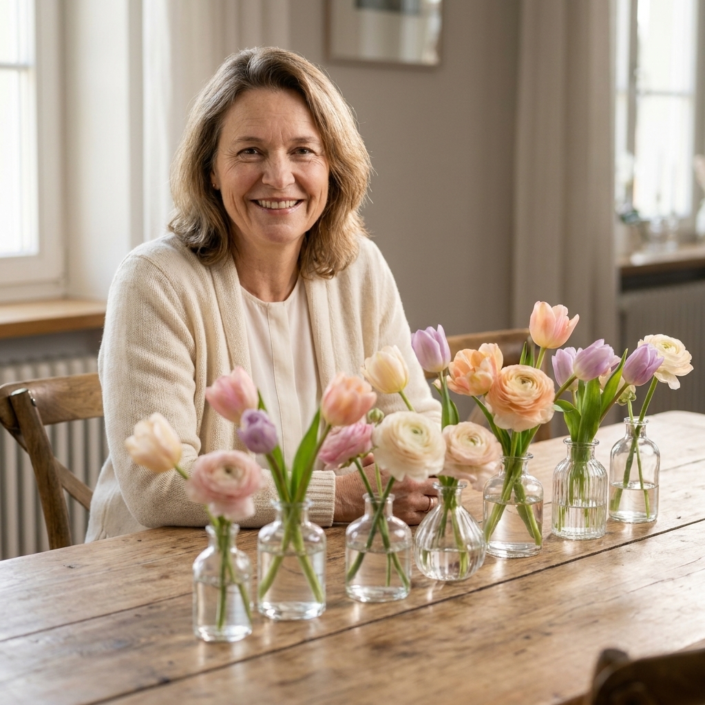 Several small glass bud vases filled with pastel tulips and ranunculus arranged down the center of a dining table