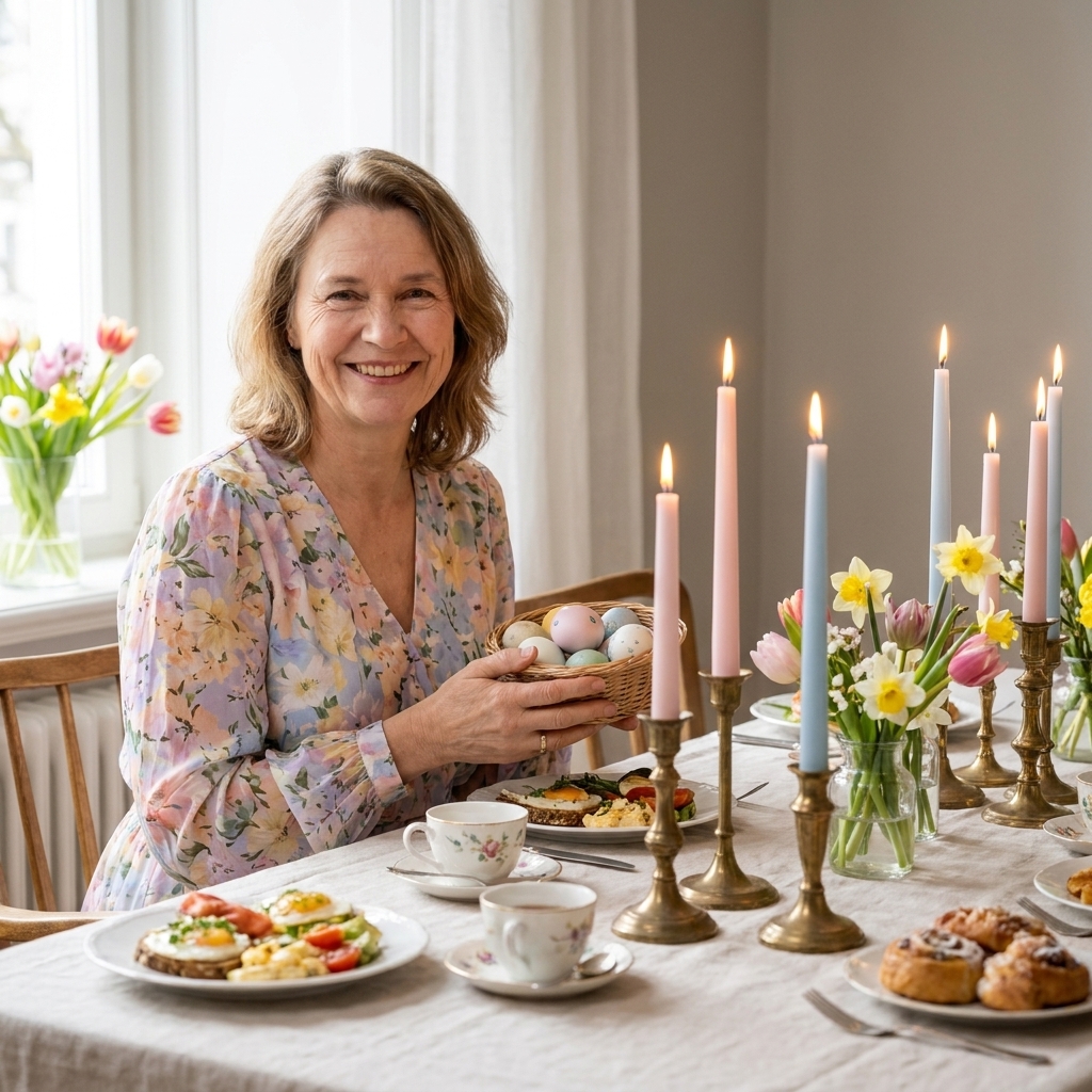 Soft pink and pale blue taper candles in vintage brass candlesticks arranged along an Easter brunch table