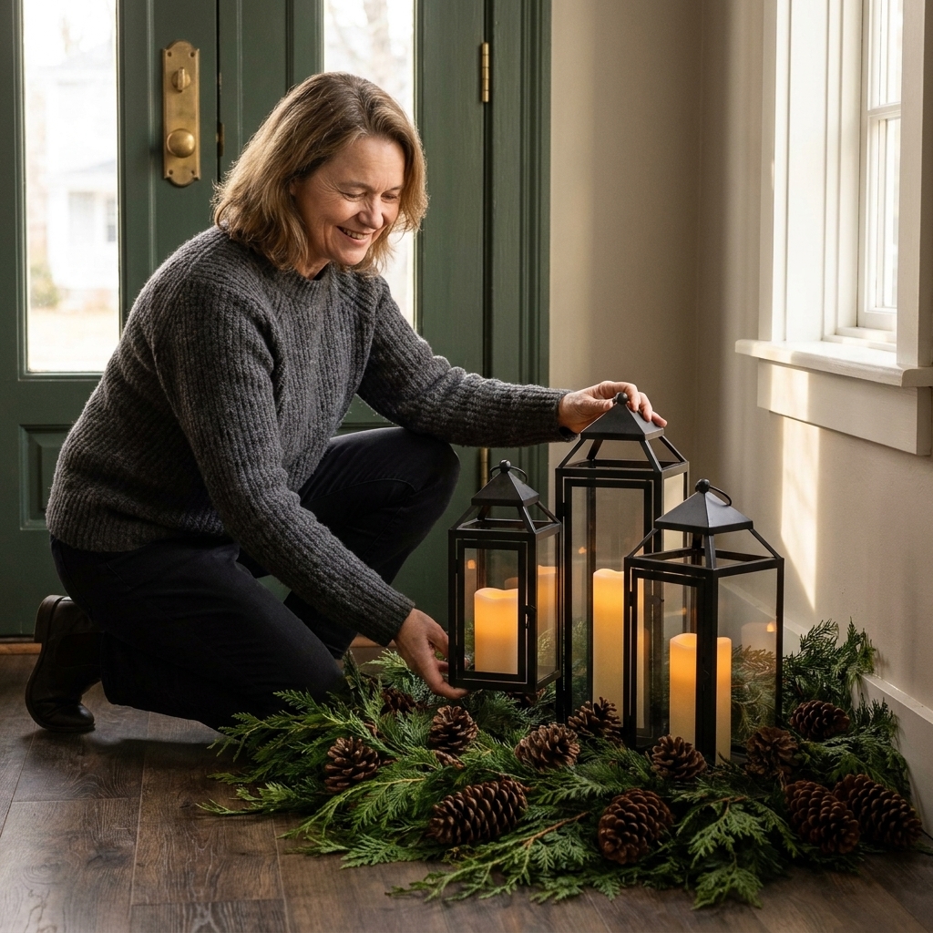 Three black metal lanterns with flickering battery candles arranged on a wood floor by a front door, surrounded by cedar greenery and pinecones