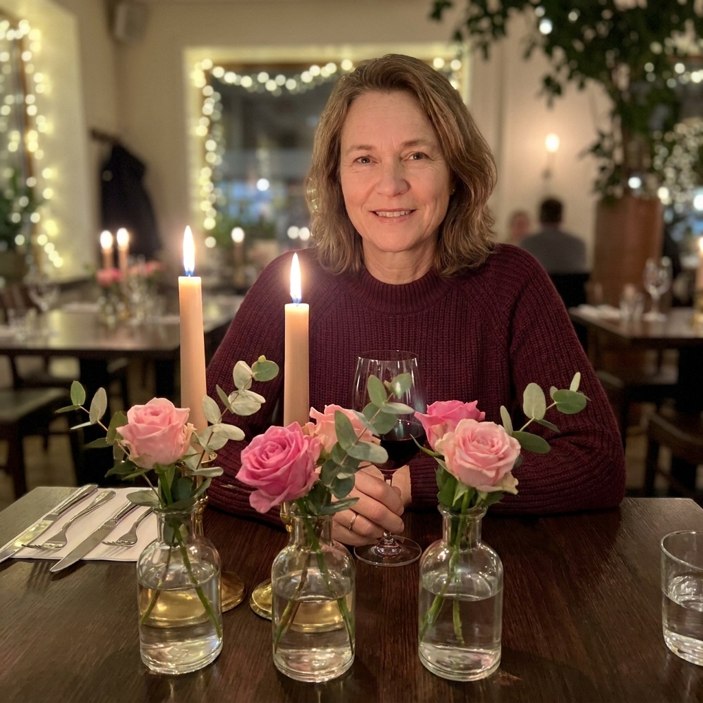 Three small clear bud vases grouped together on a dining table, each holding pink roses and eucalyptus sprigs with candlelight softly glowing behind them