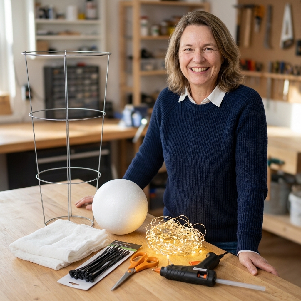 Tomato cage, foam ball, white cheesecloth, zip ties, scissors, hot glue gun, and a bundle of fairy lights laid out on a craft table