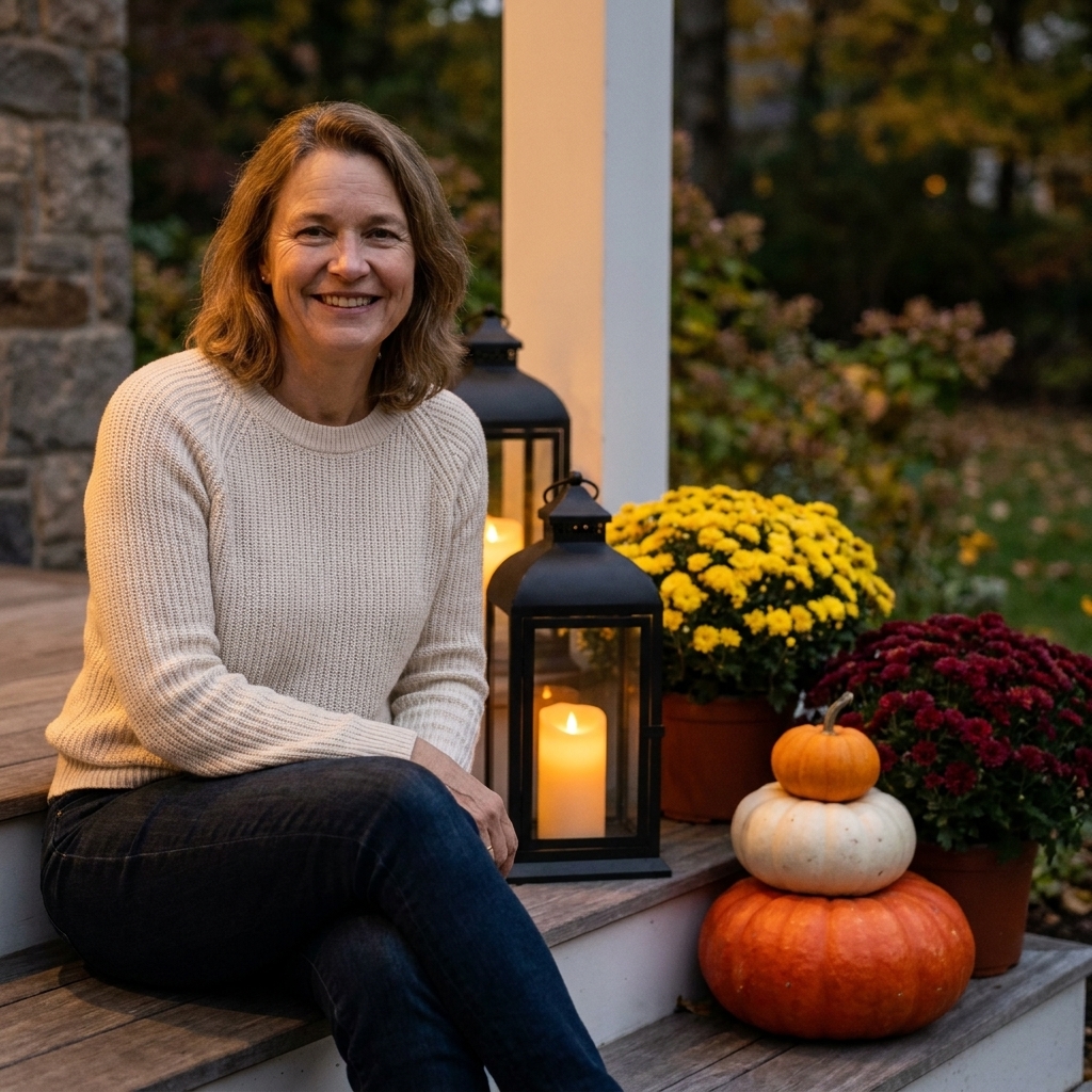Two black lanterns with flameless candles glowing on a porch at dusk beside stacked pumpkins and mums