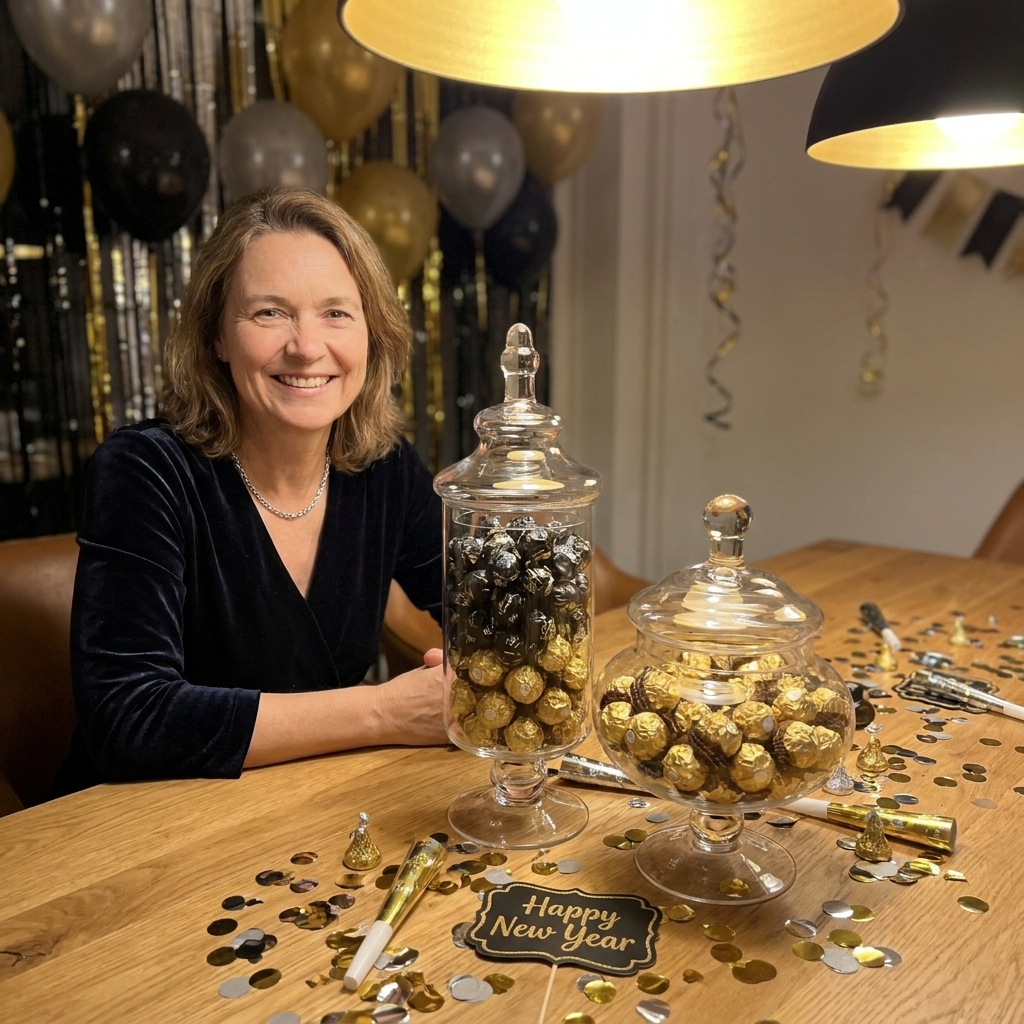 Two clear apothecary jars filled with black and gold wrapped chocolates on a dining table, styled as a New Year’s Eve centerpiece