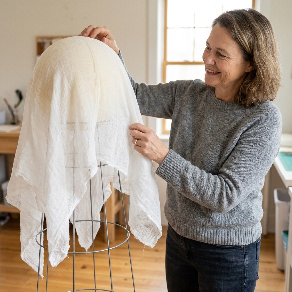White cheesecloth being draped over a foam ball head on a tomato cage frame, with hands adjusting the fabric to hang evenly