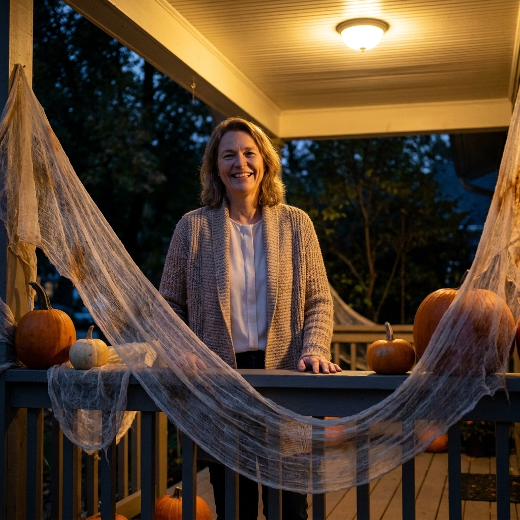 Wispy tea-stained cheesecloth draped along a porch railing with pumpkins and a warm porch light glowing above